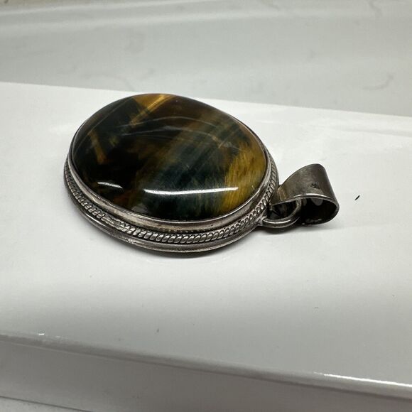 Tiger Eye Large Pendant Necklace Sterling Silver - Picture 4 of 12